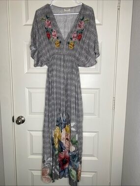 Cost Plus World Market Gray Maxi Dress with Multicolor Floral Embroidery